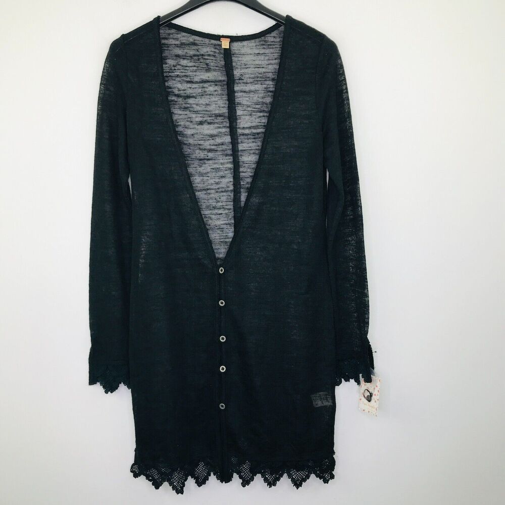 Free People Women's XS Sweater Black Crochet Lace Hem Button Cardigan NWT BI28